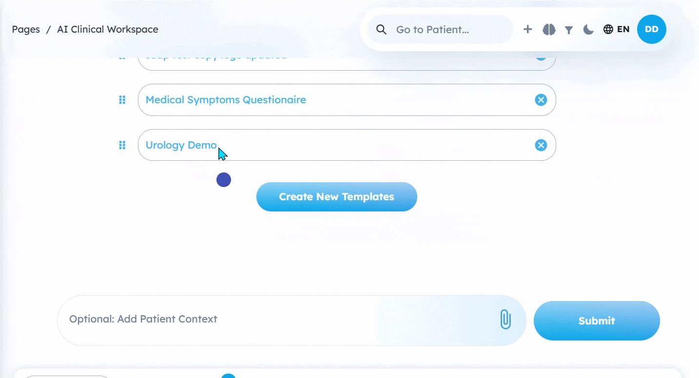 Patient context area showing full template definition text to copy