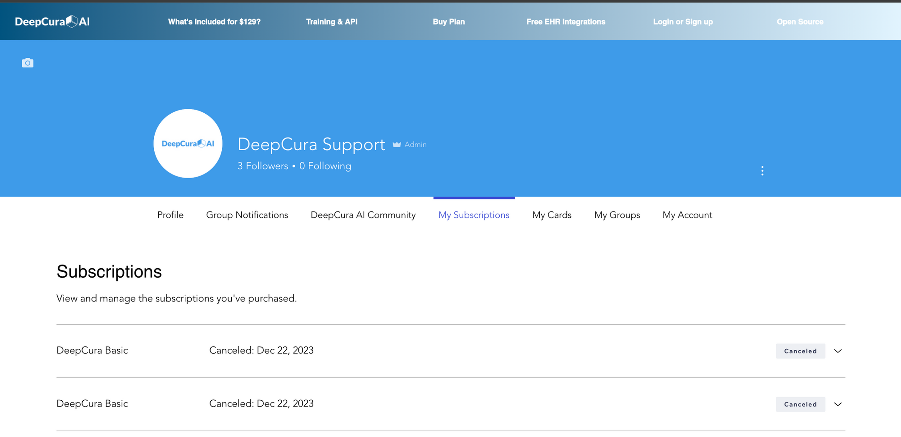 DeepCura billing portal showing subscription and payment management