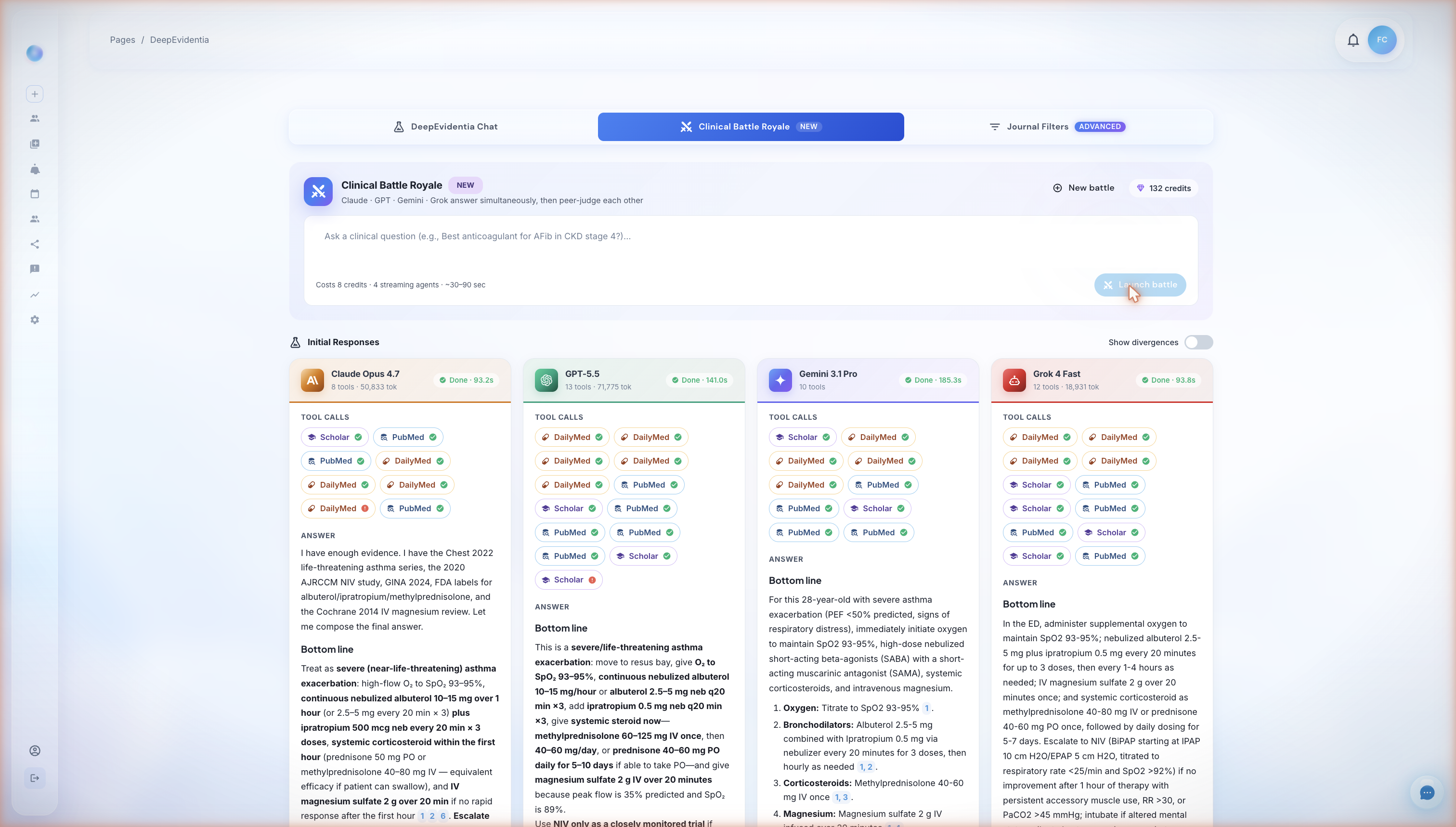 Clinical Battle Royale interface showing Claude Opus 4.7, GPT-5.5, Gemini 3 Pro, and Grok 4 Fast answering the same clinical question side-by-side, each with their PubMed, Google Scholar, and DailyMed tool calls visible above the Bottom-line answer panels