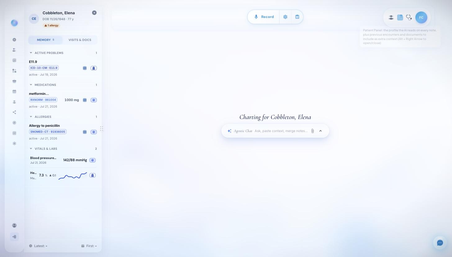 The Patient Panel Memory tab: active problems, medications and allergies with their codes, and latest values with trend sparklines