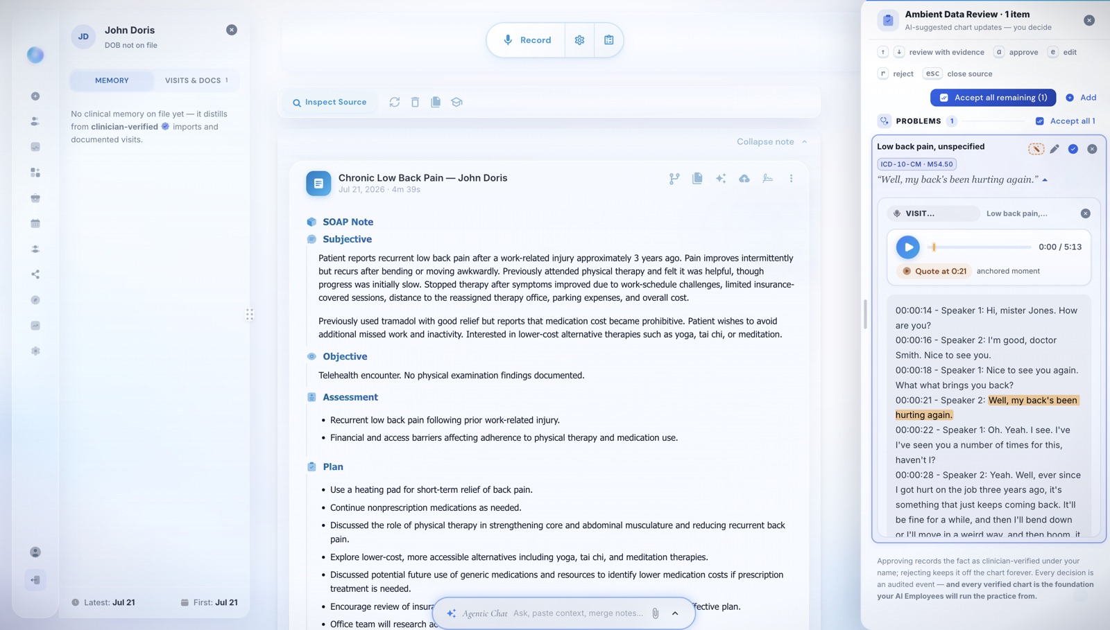 The Visit Panel review on the chat page: an AI-suggested problem with its ICD-10 code, verbatim quote, and the visit audio anchored to the exact second