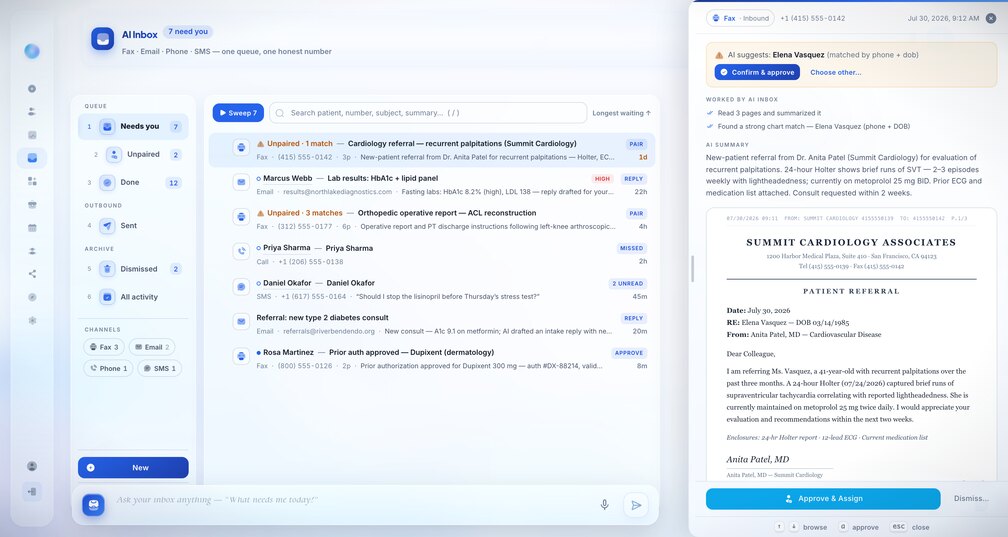 The DeepCura AI Inbox with faxes, email, calls and texts in one queue and a cardiology referral open for one-click approval