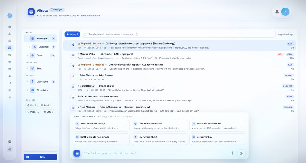 The AI Inbox agent suggestion chips: what needs me today, pair all matched faxes, text back missed calls, draft replies to new emails, everything about a patient, and zero my inbox